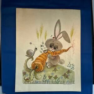Mid-century modern art lithograph by George Buck 1963 Big Eyes Rabbit